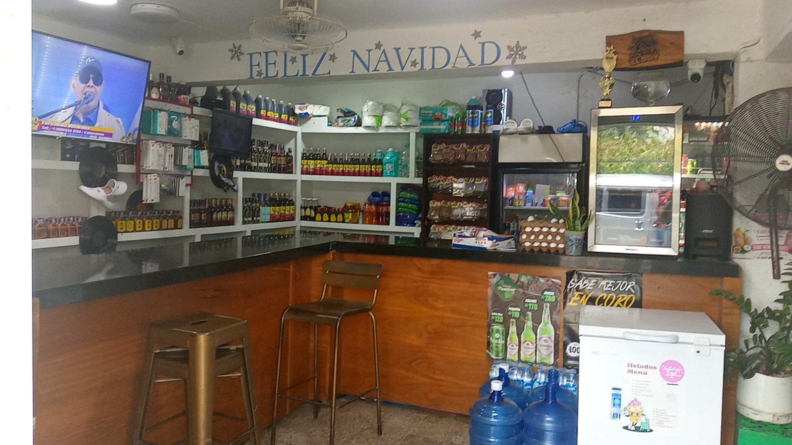 Barra de madera, estantes de bebidas y neveras del local